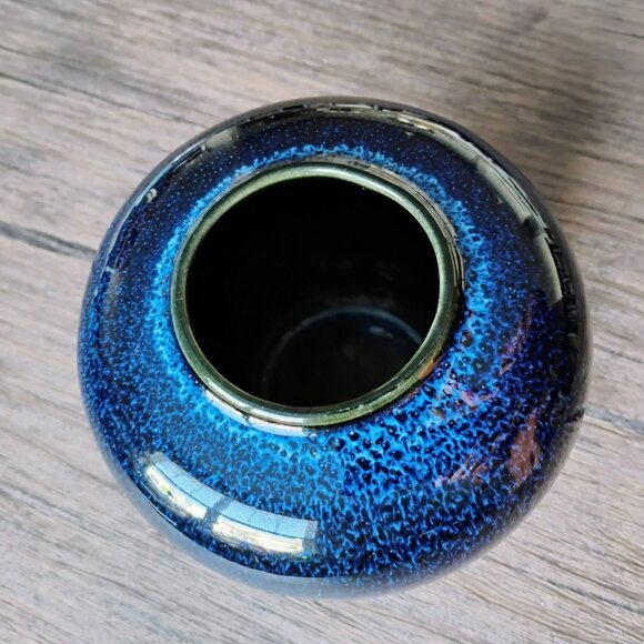 Japanese Blue Black Flambe Drip Glaze Vase 4.5" Vintage Japan Frogskin Pottery - Picture 7 of 11